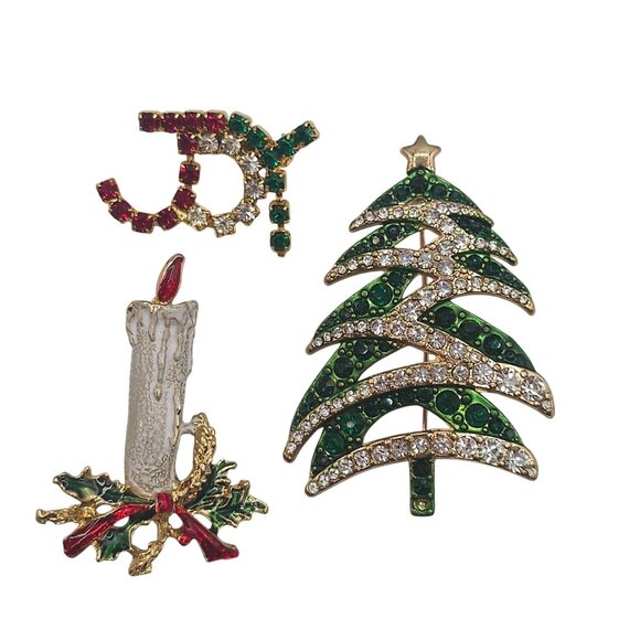 VTG Christmas Brooch Set 3PC Tree Candle Joy Faith Holiday Gold Tone Green Red - Picture 1 of 15